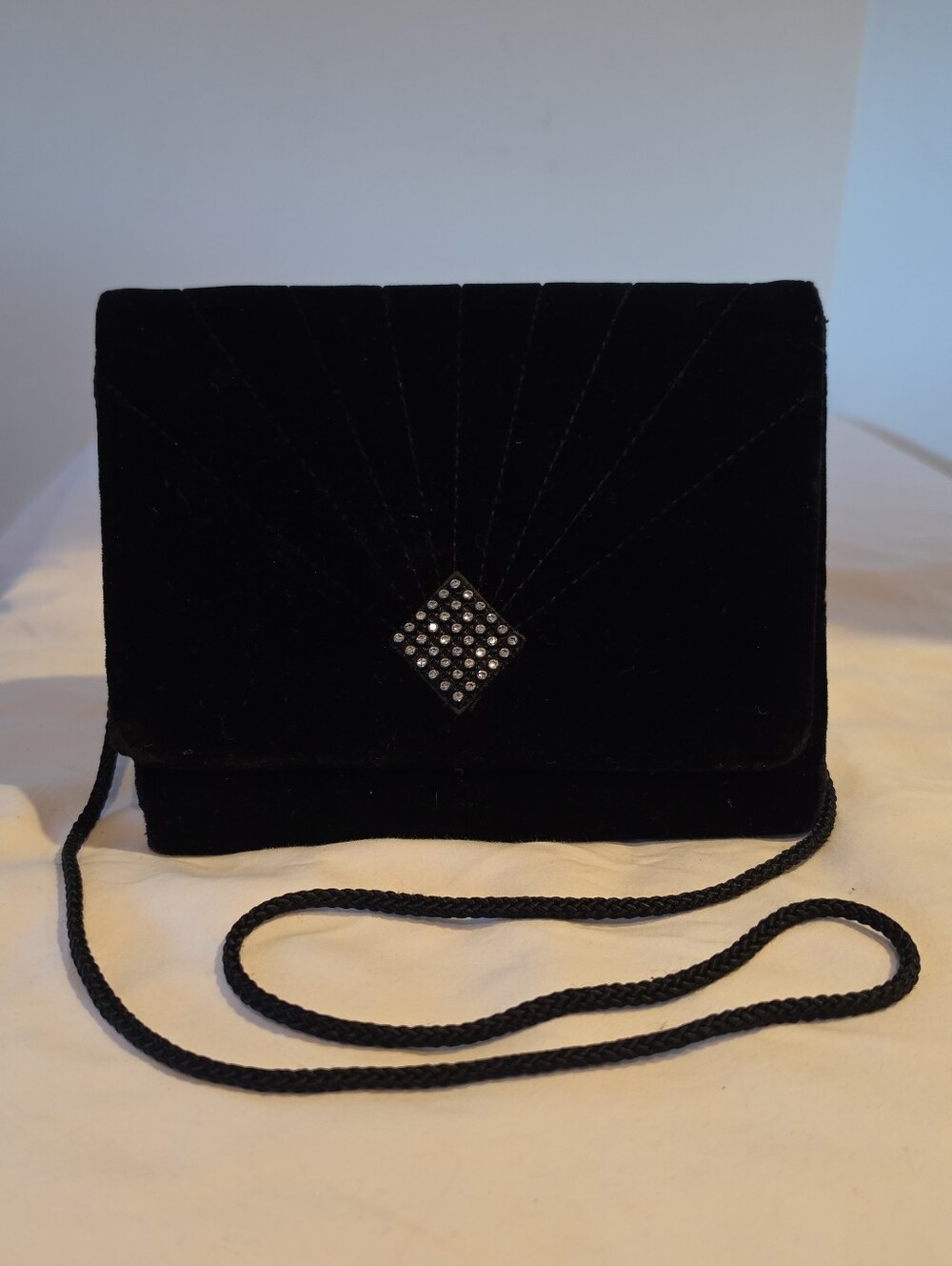 Vintage 1980s Carolyn Barton Night Black Velvet Rhinestone Evening Bag